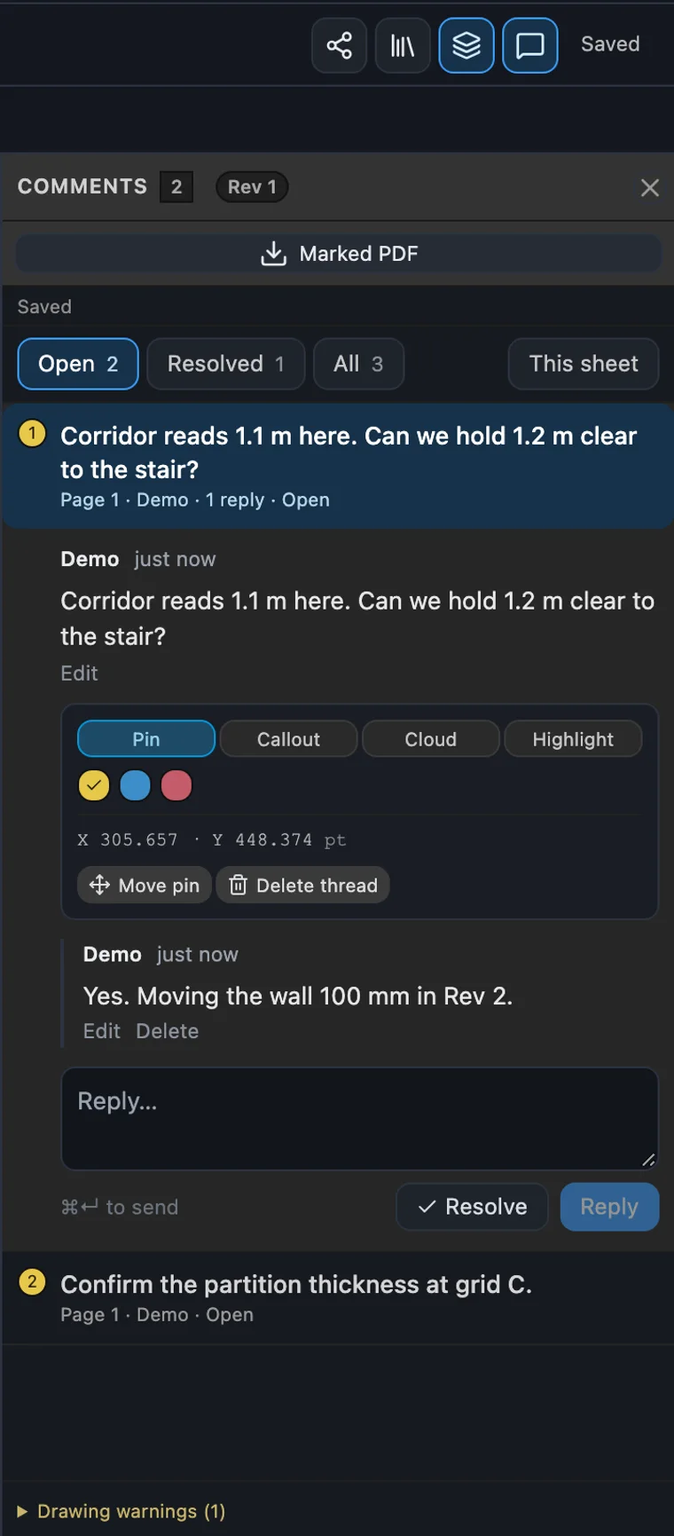 The comments panel with an open thread, reply box, and Open, Resolved and All filters