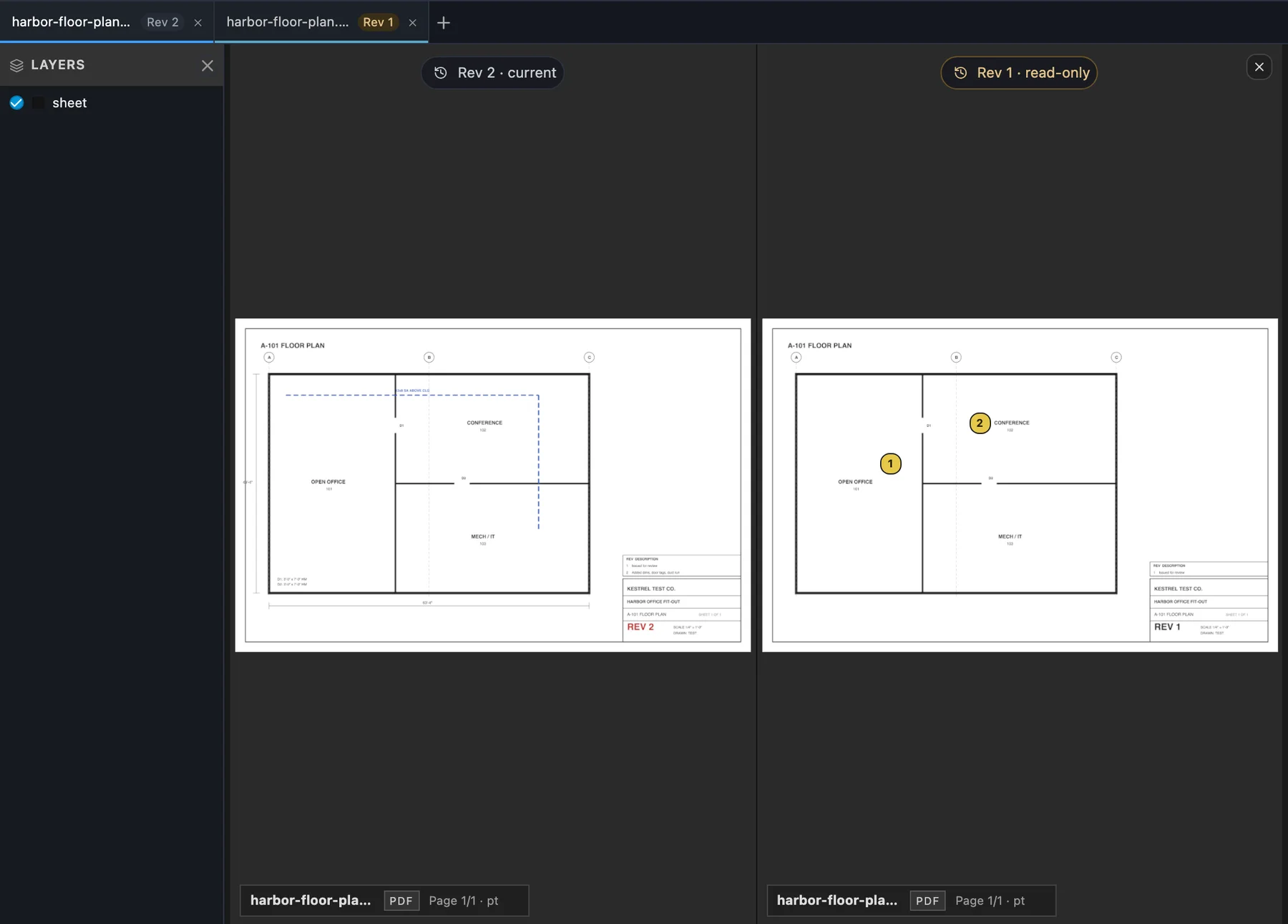 Rev 2 and Rev 1 of the same sheet side by side in Compare view